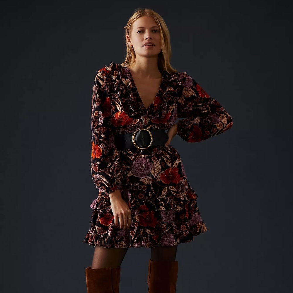 Anthropologie Pilcro mini dress in micro-corduroy rich fall floral on black